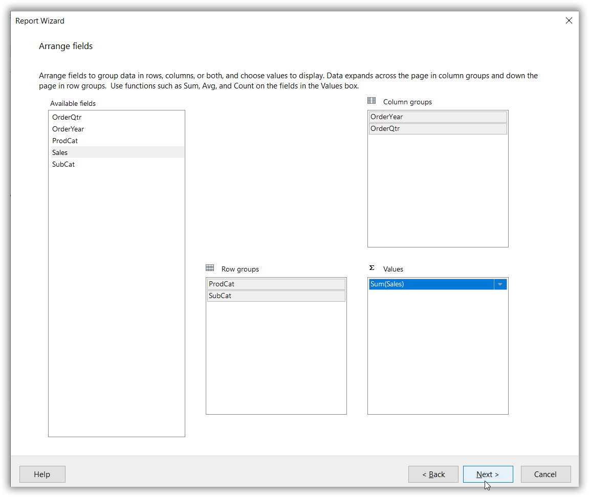 Arrange table row, column and value groups