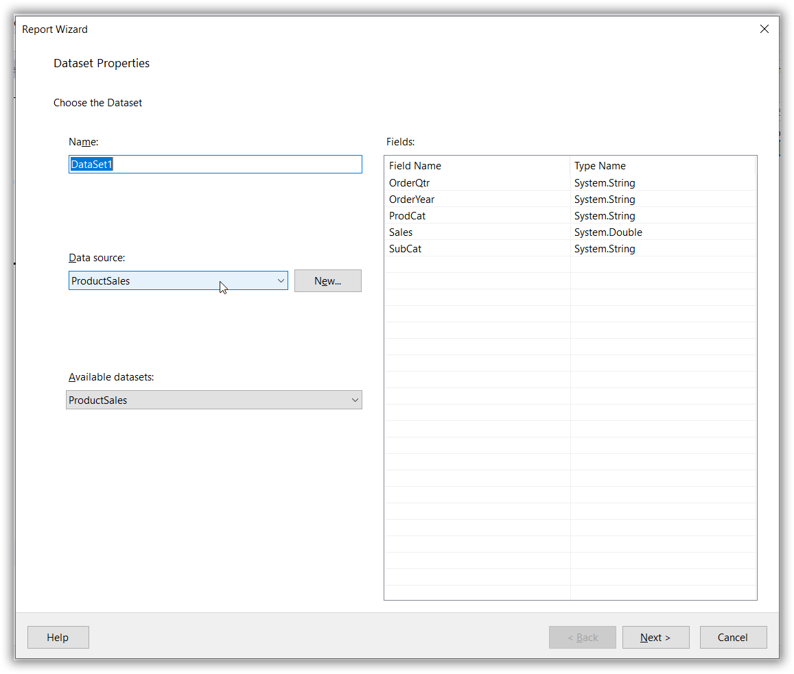 Set rdlc dataset properties