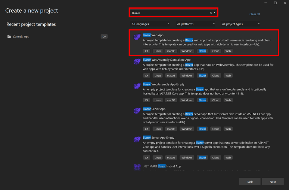 Creating a new Blazor Web App Application Project