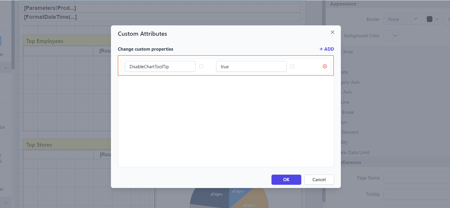 Shows configuration of disable chart tooltip property in custom property dialog