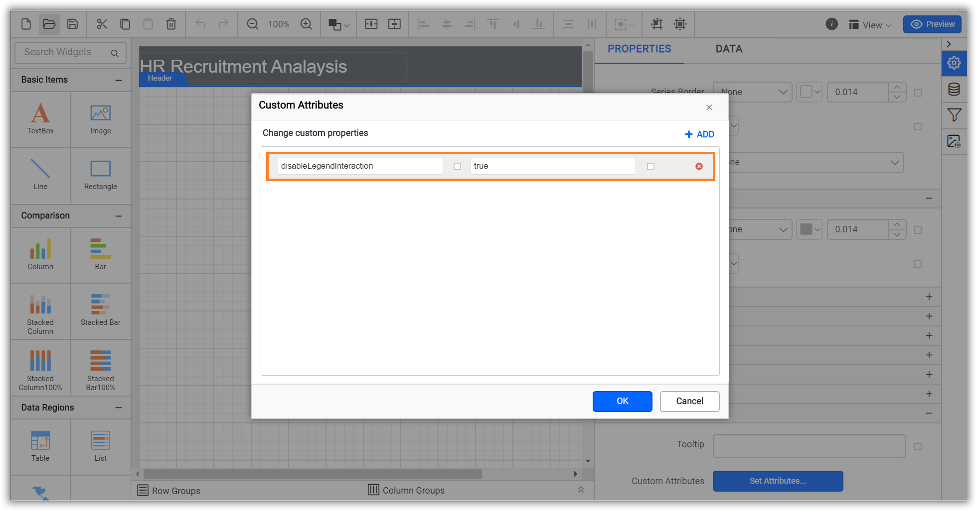 Shows configuration of disable legend interaction property in custom property dialog