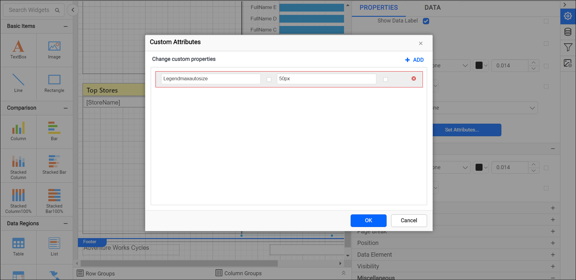 Shows configuration of legend size property in custom property dialog