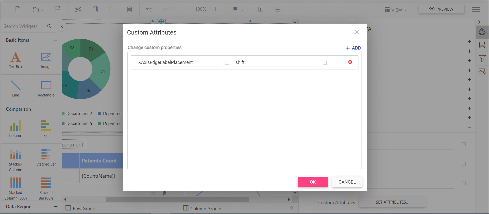 Shows configuration of axis edge label placement property in custom property dialog