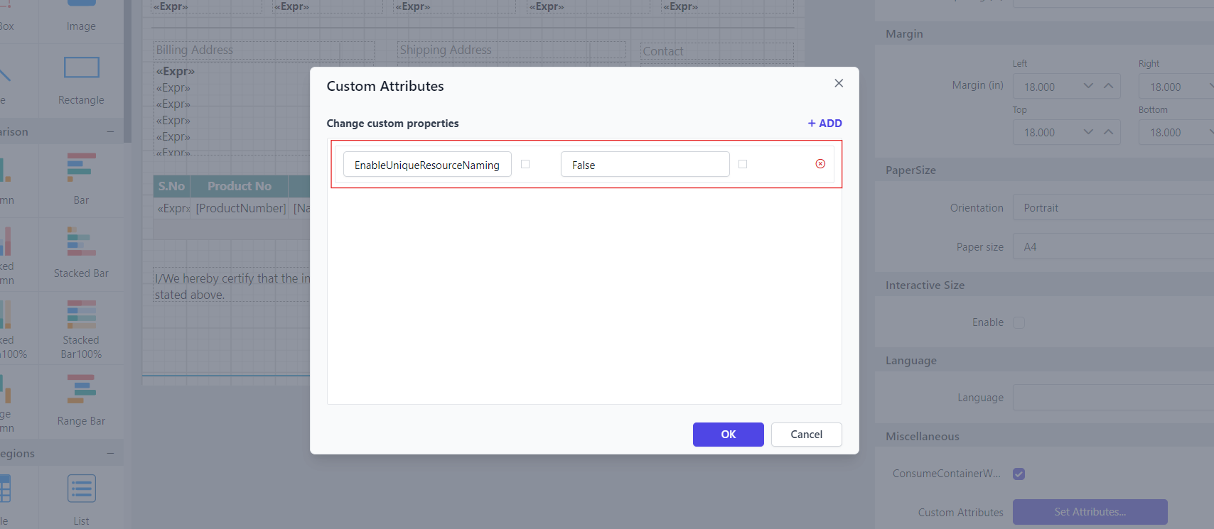 Shows configuration of enable unqiue resource name property in custom property dialog