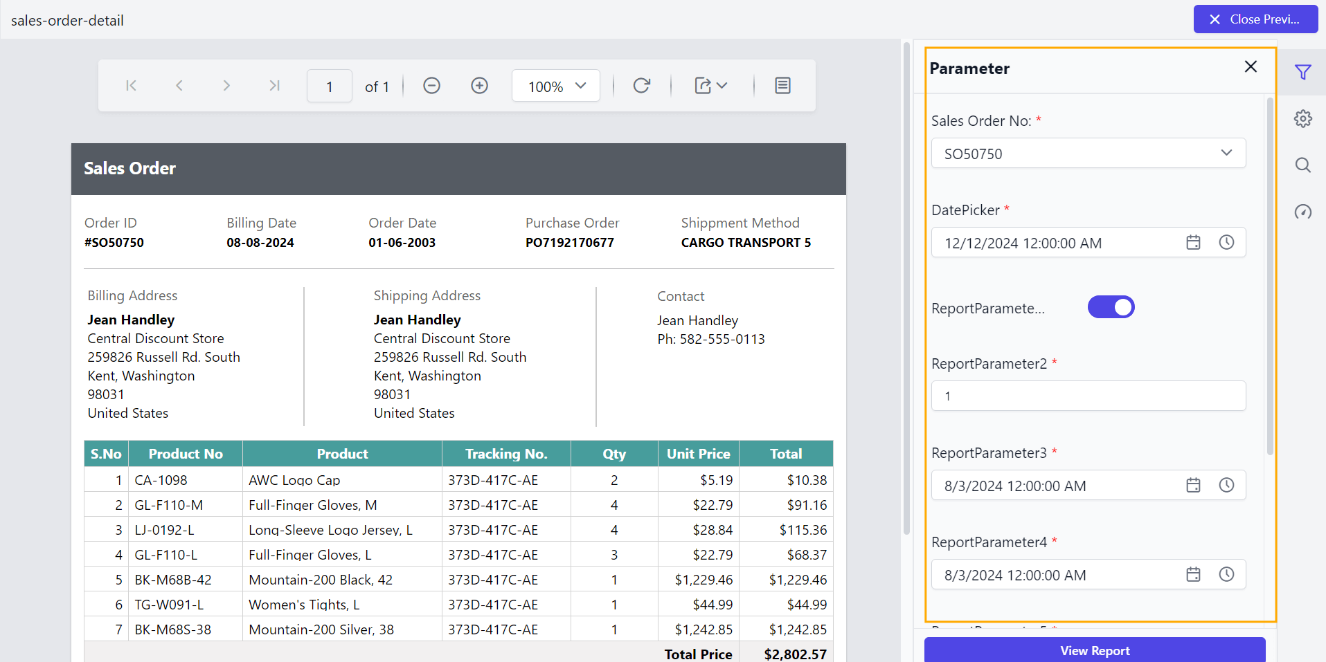 Preview of default value of parameter scroller in Report Viewer