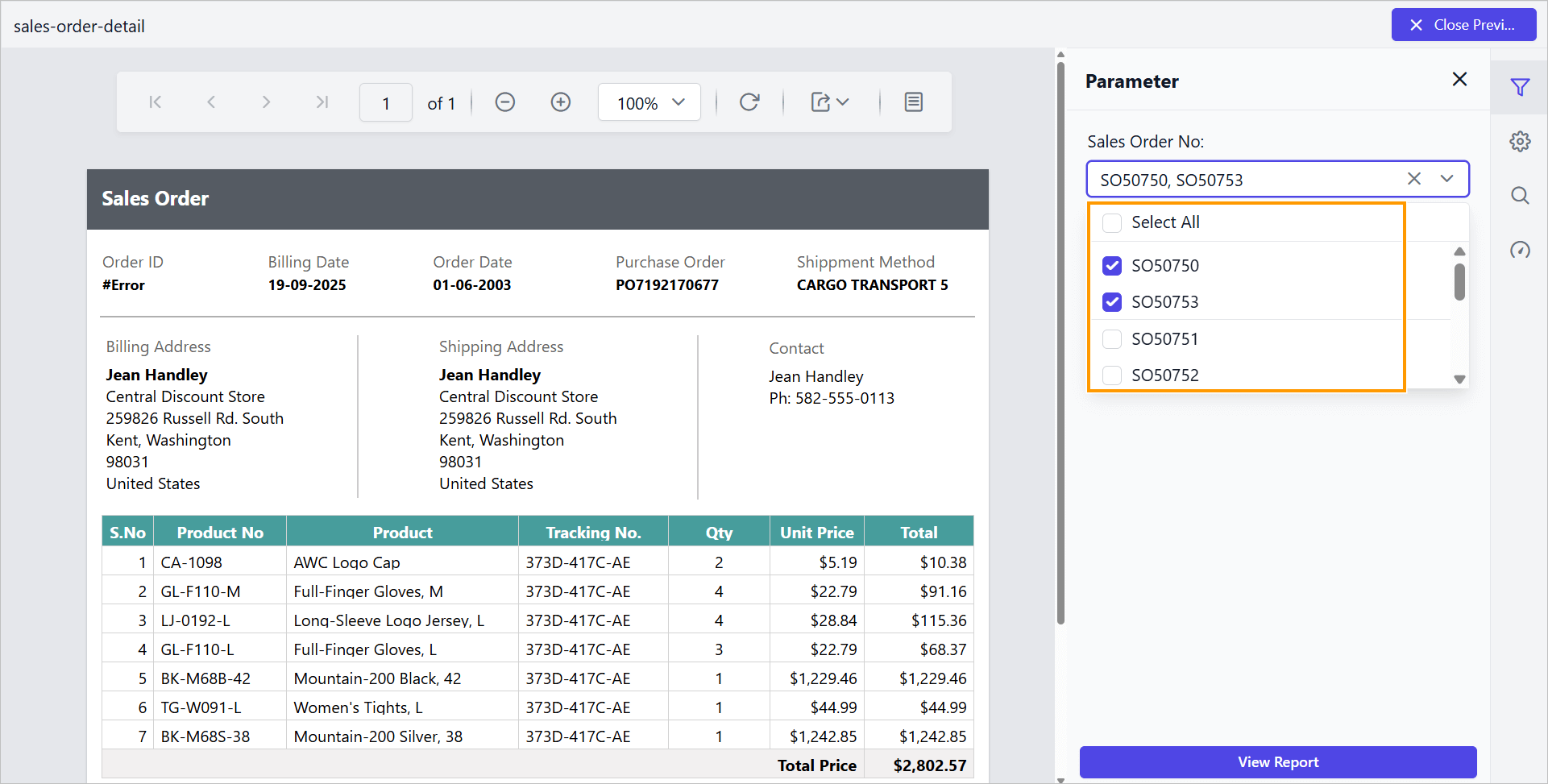 Preview of default value of selection order in Report Viewer