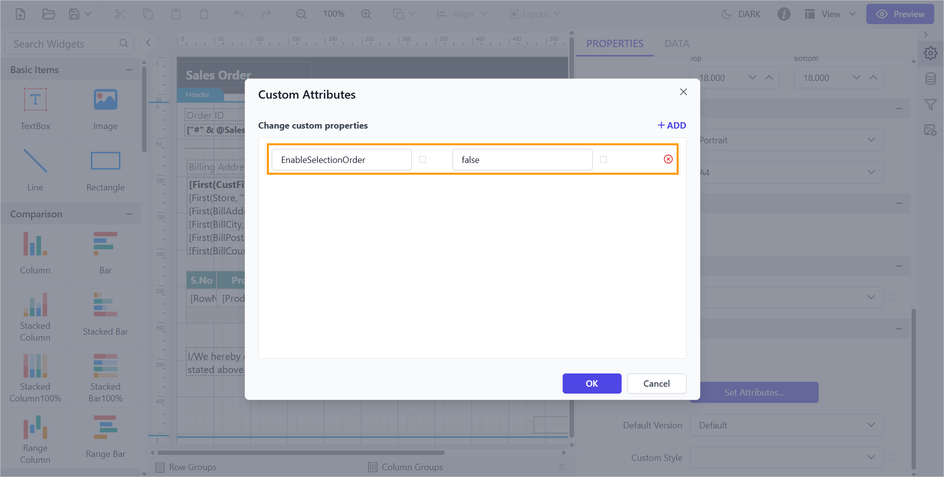 Shows configuration of enabling selection order property in custom property dialog