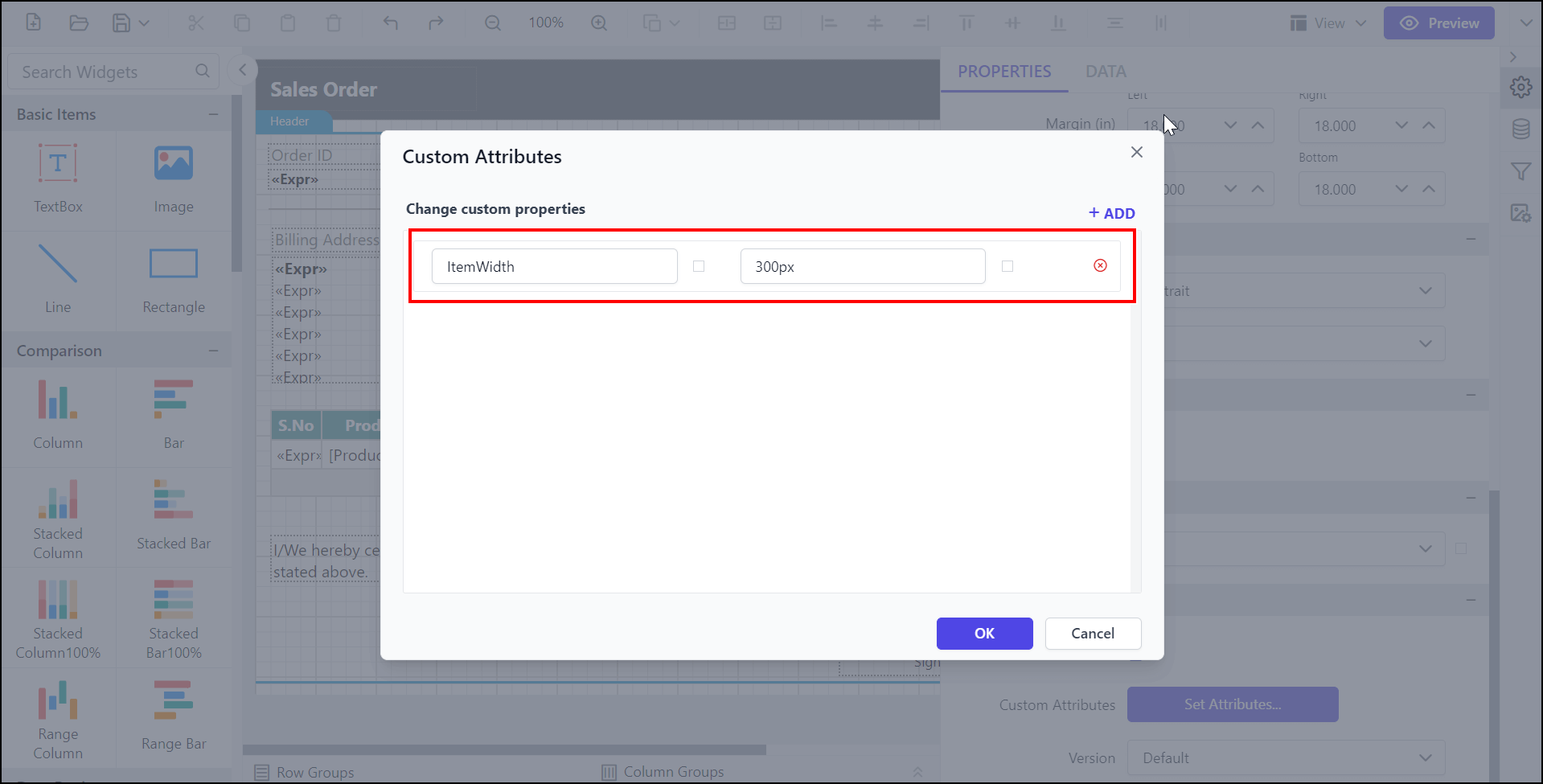 Shows configuration of Item Width property in custom property dialog