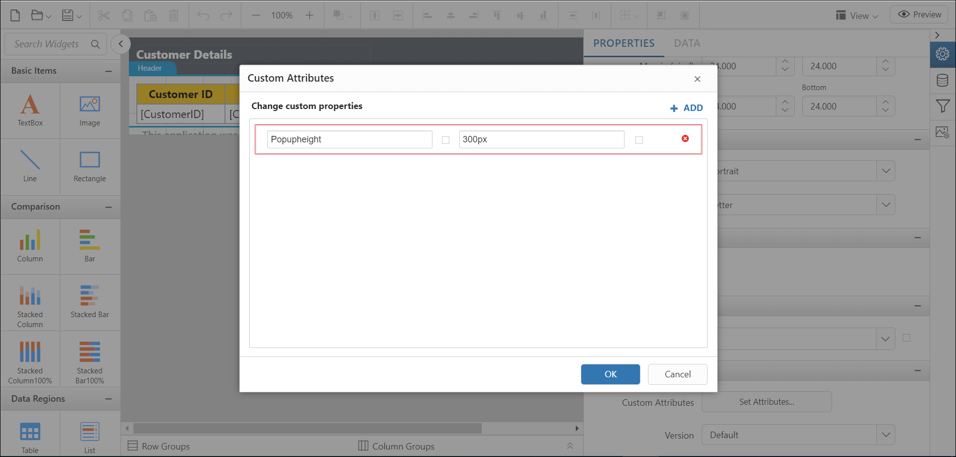 Shows configuration of pop up height property in custom property dialog