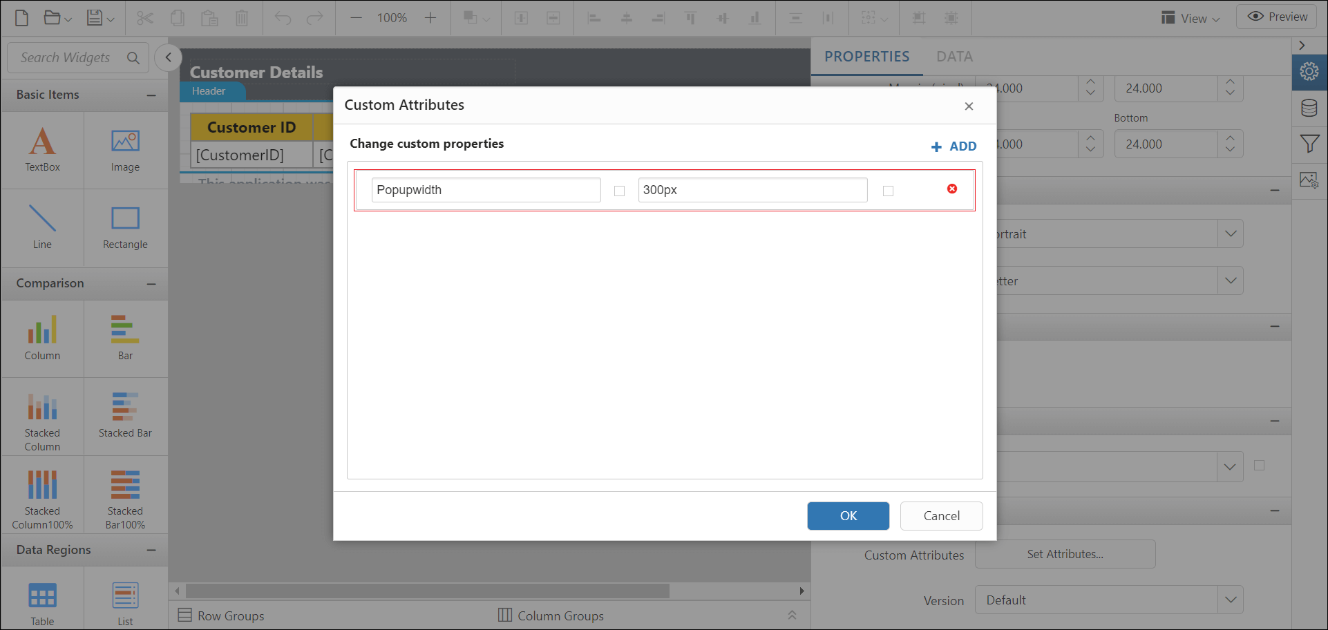 Shows configuration of pop up width property in custom property dialog