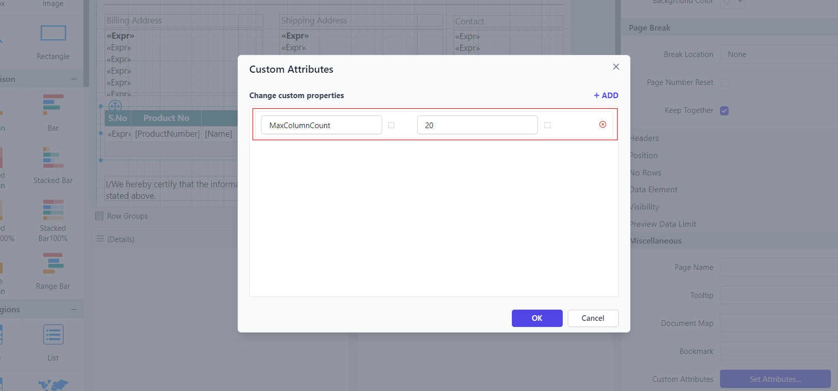 Shows the columns count configuration in custom property dialog