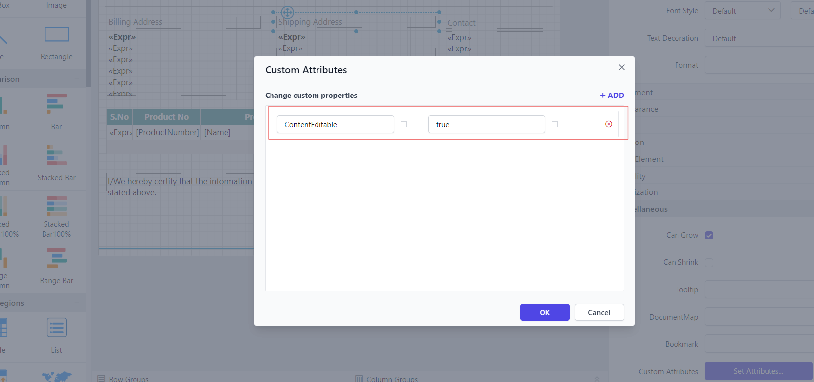 Shows configuration of content editable property in custom property dialog