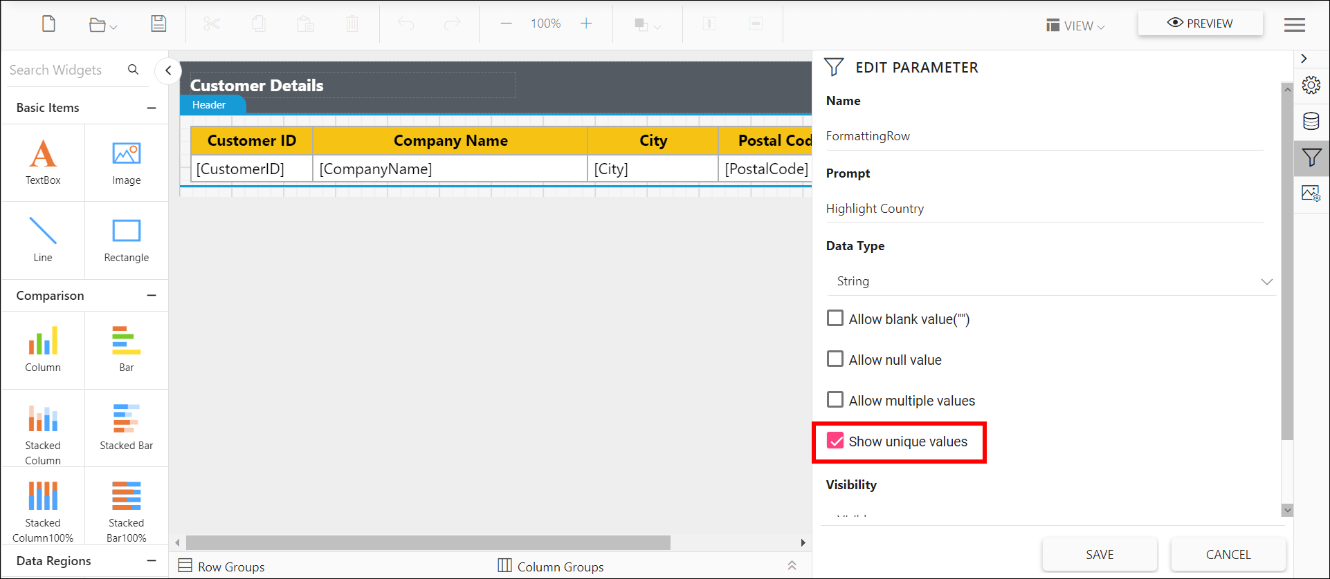 Shows configuration of unique value parameter property in report parameter dialog