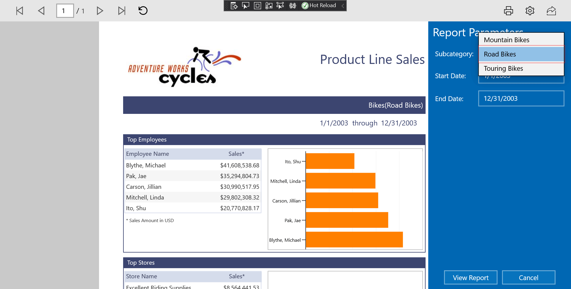 Preview of unique value parameter values in Report Viewer