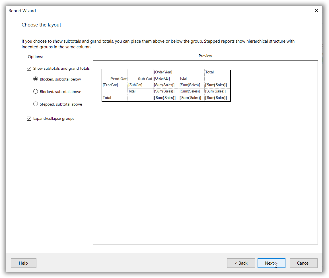 Choose table toggle, repeat header and total options