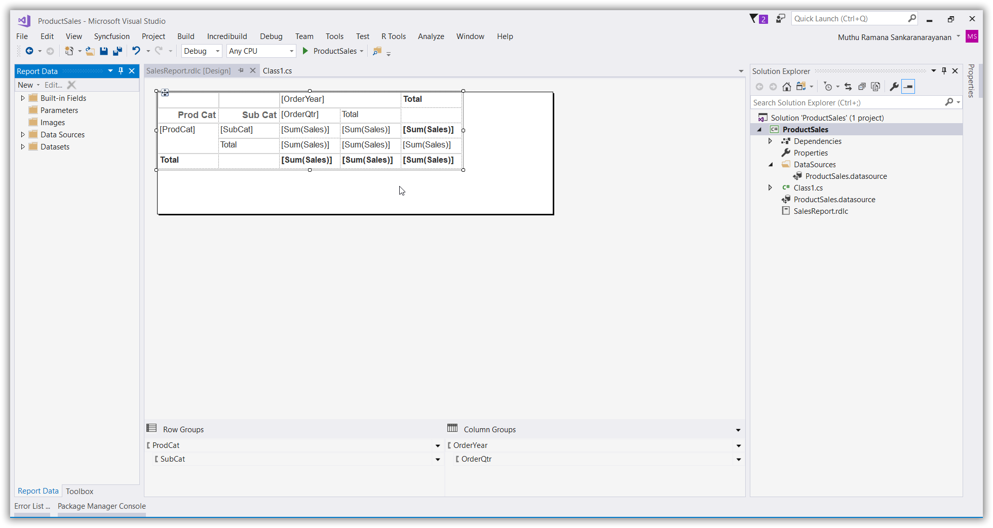 Visual Studio design output of the sales report