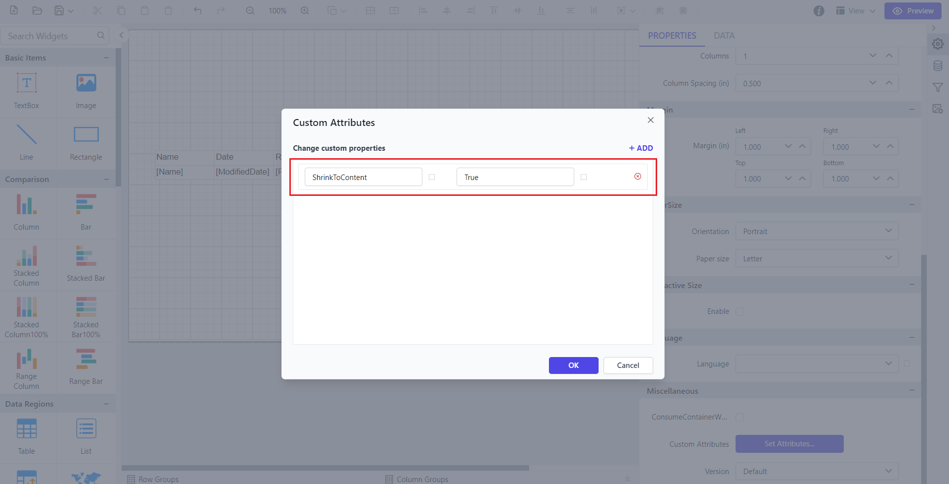 Shows configuration of shrink to content property in the custom property dialog