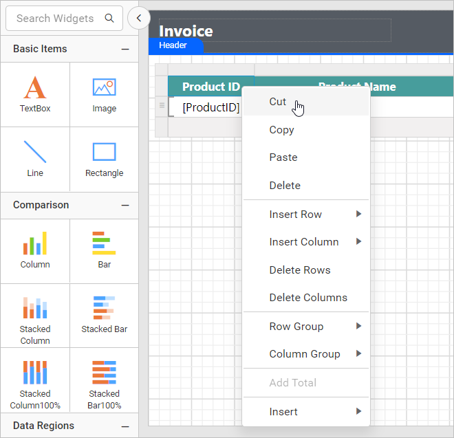 Insert item in table cell