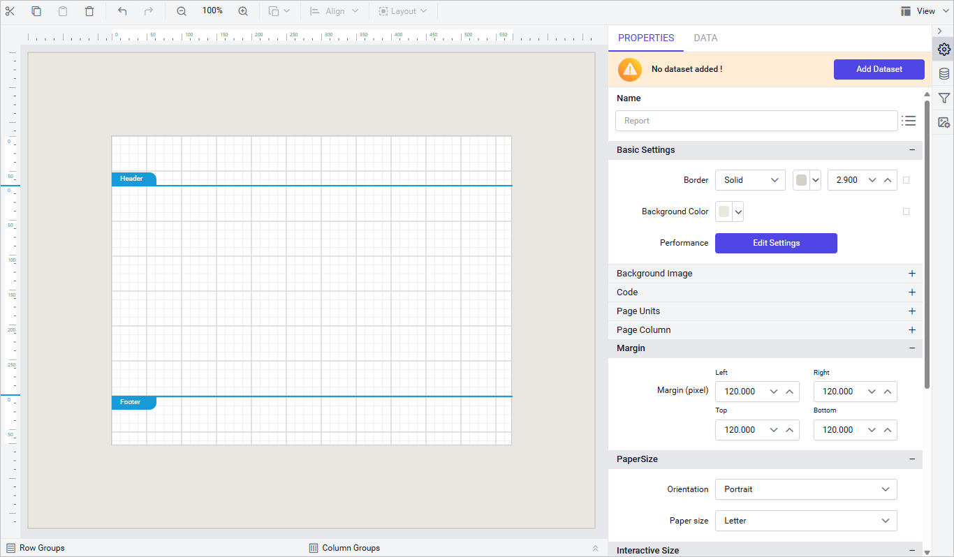 Report properties reflected inside margin