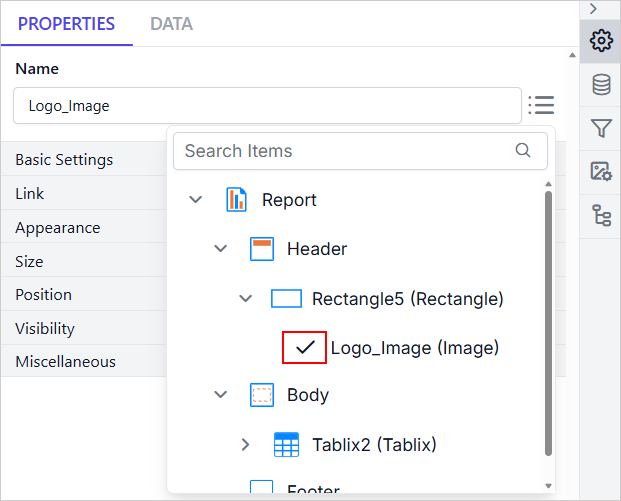 Selecting report items in Property Navigator highlights properties