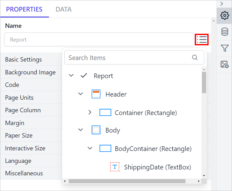 Report Explorer popup list