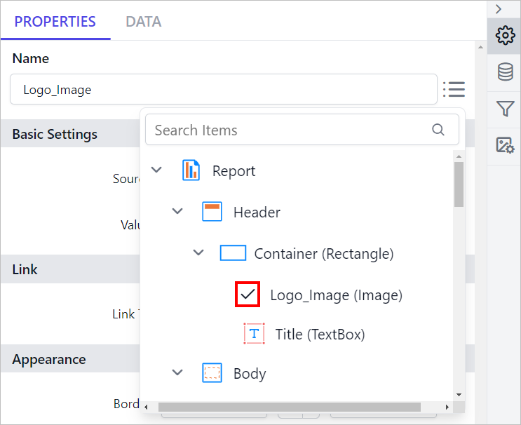 Selecting report items in Report Explorer