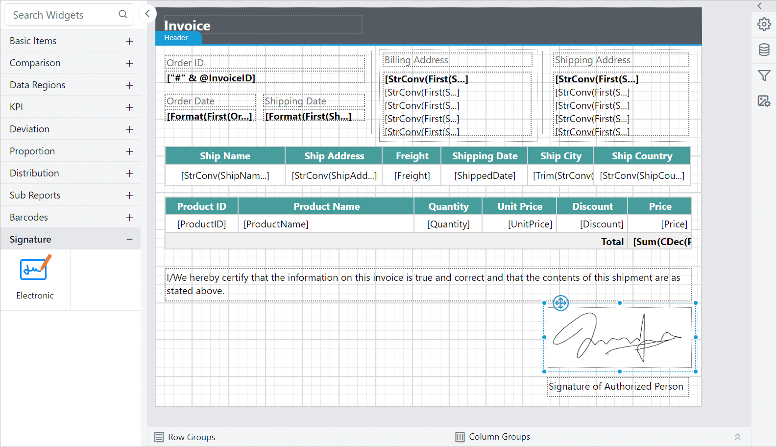 Signature in invoice report