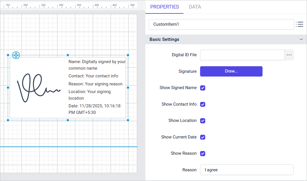 PDF Signature item with properties view