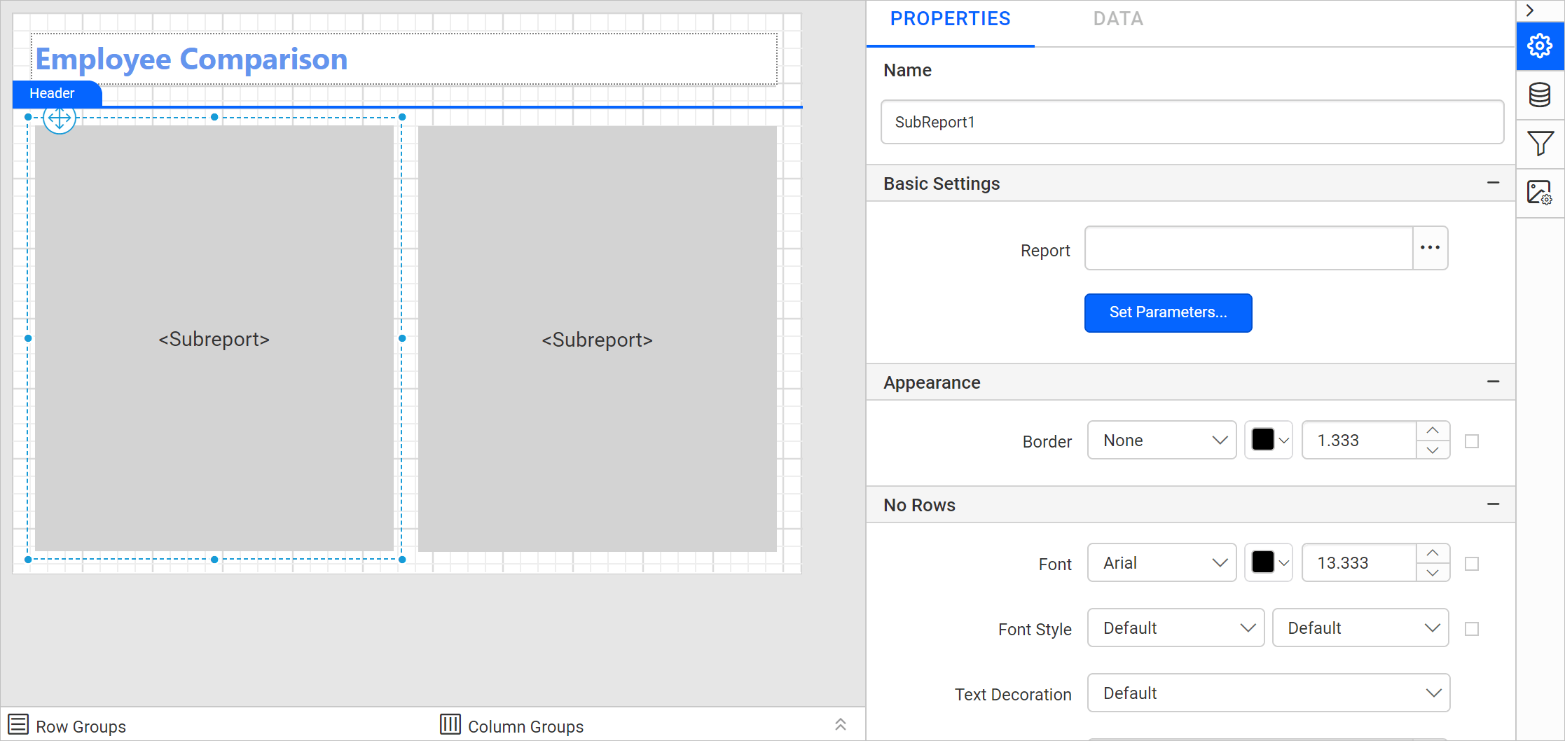 subreport item with properties view