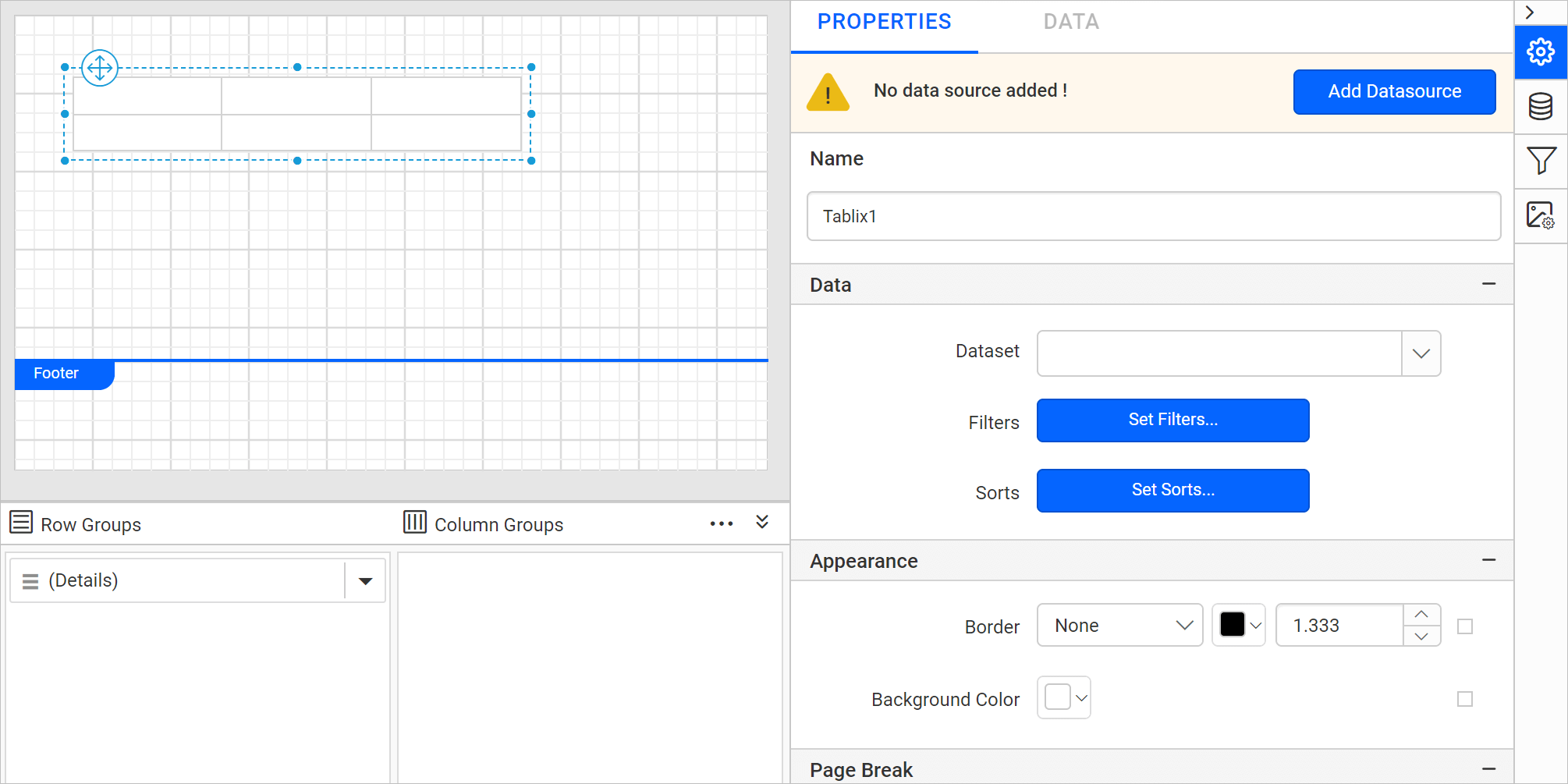 Tablix item with properties view
