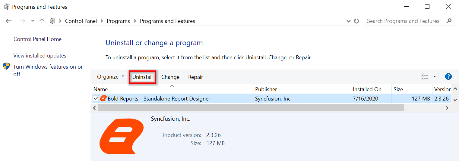 Uninstallation of Standalone Report Designer